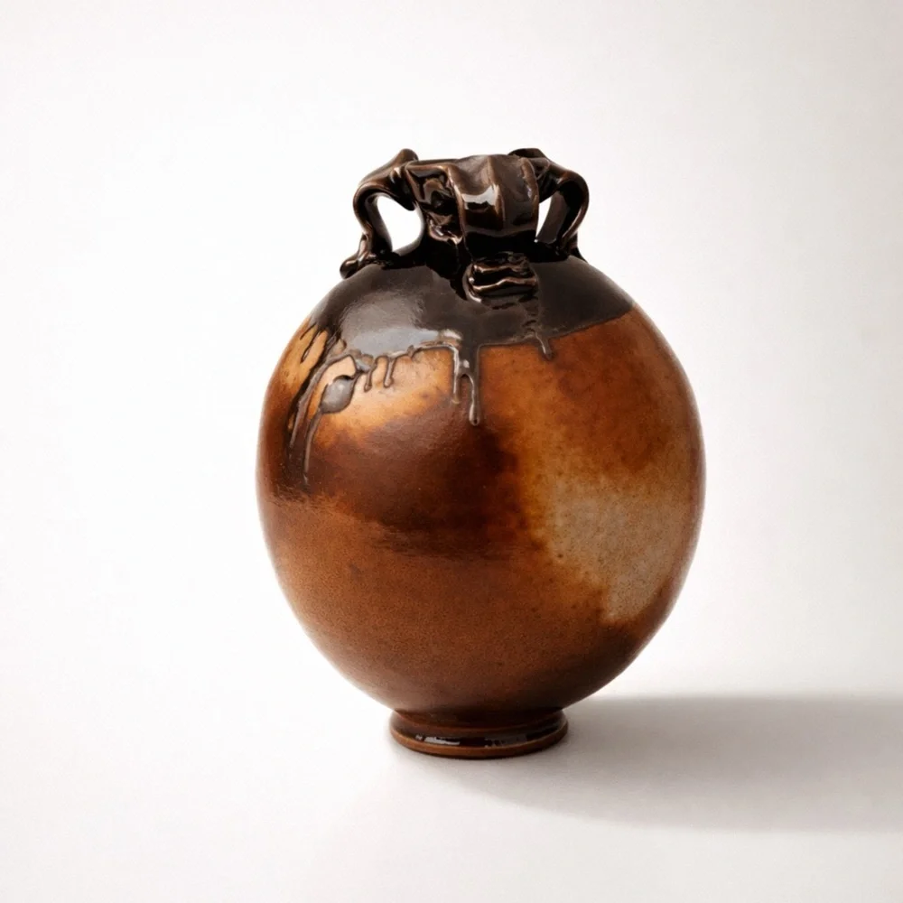 GORGEOUS VINTAGE HANDMADE STUDIO POTTERY TWO TONE VASE WITH DRIP GLAZING -‎ EUC